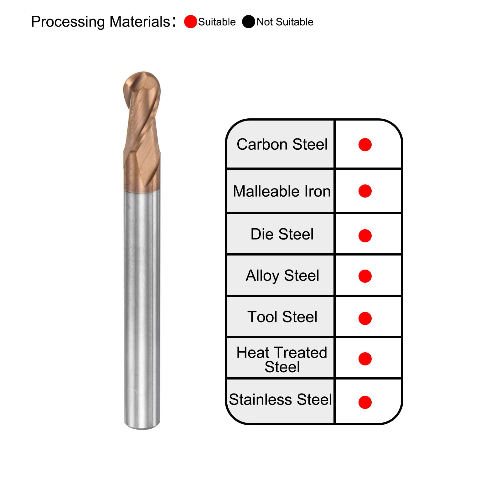 sourcing map Fraise à bout sphérique de 2,5 mm - Rayon de pointe en carbure solide avec revêtement AlTISIN CNC - 2 cannelures - HRC55 - Avec tige de 5 mm et longueur de 50 mm
