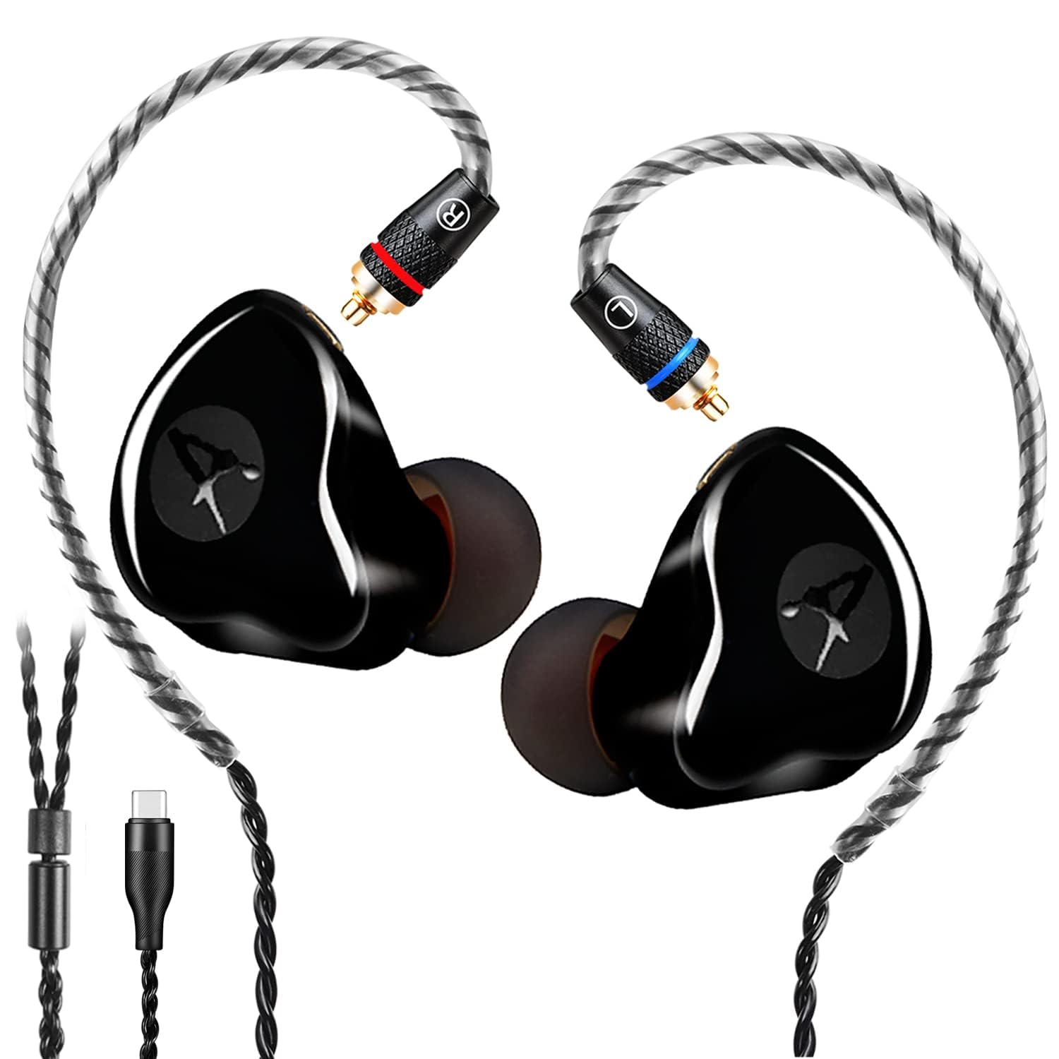 DCMEKA Dynamic Banlance in-Ear Earphone 2DD HiFi Headset in Ear Monitors Headphones Wired Earbuds IEM Earphones Gaming Earbuds（Black Type-C Without