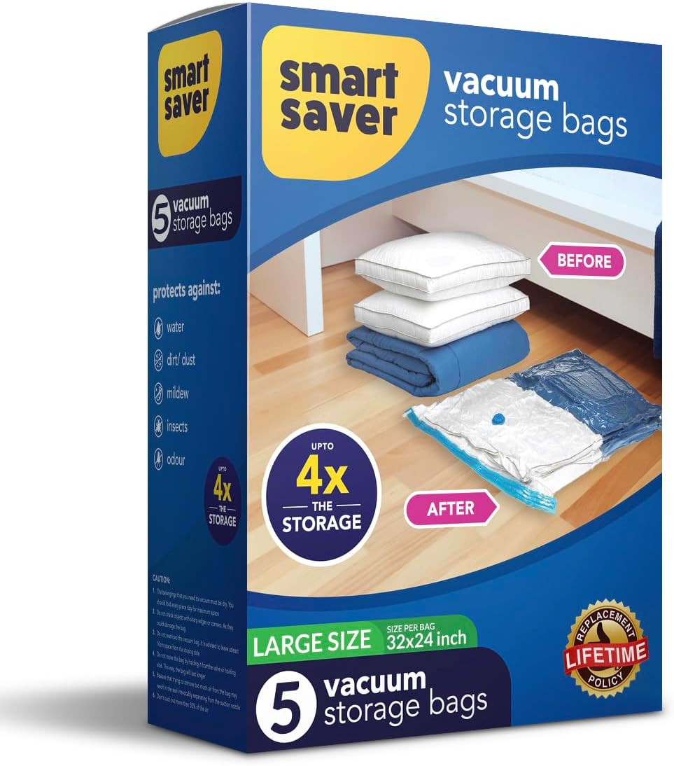 Smart Saver Polyethylene 5 Pack Large (NO HANDPUMP INCLUDED) Size Reusable Ziplock Vacuum Storage Space Saver Bags for Clothes,Blankets,Quilts,Home Organising,under bed Storage solutions,Transparent