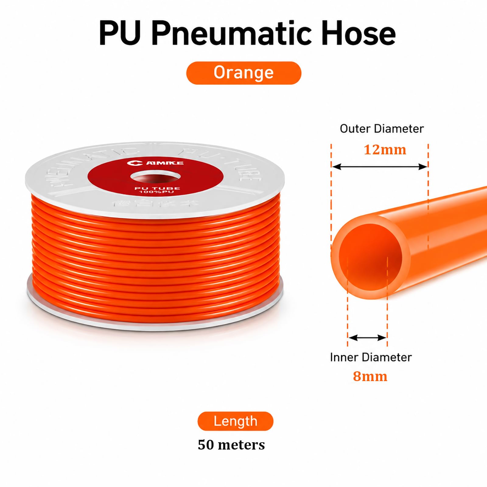 COYOUCO Tuyau pneumatique en PU Orange de 10-100 m de Longueur, 12 mm de diamètre extérieur x 8 mm de diamètre intérieur,50m