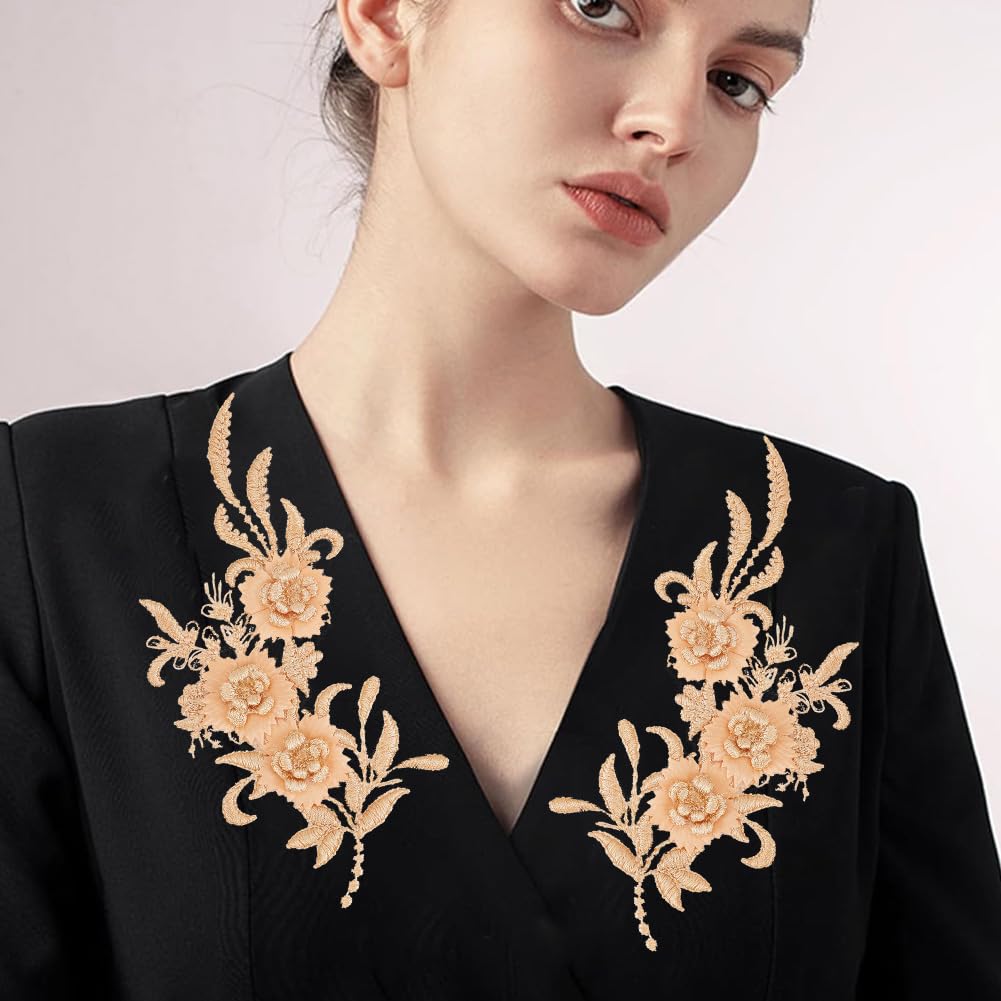 HOBBIESAY 4 Stuks Goud Borduurwerk Kant Applicaties Bloemen Kledingstuk Patches Naaien Bloemen Kraag Trim Patch Polyester Ornament Accessoires Applicaties Voor Bruiloft DIY Kleding Bruidsjurk
