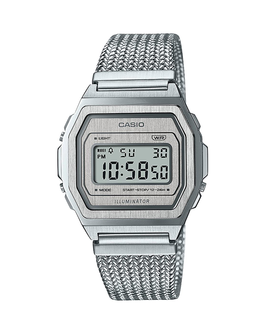 CasioUnisex Vintage A1000MA-7DF Silver Digital Dial Silver Stainless Steel Mesh Band D278