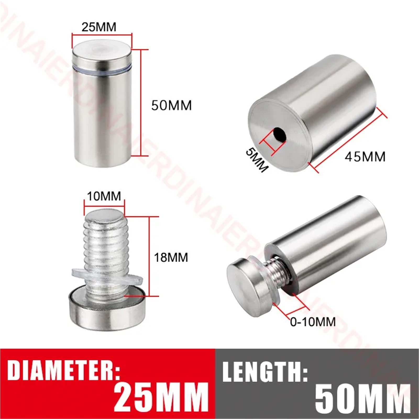 Vite distanziatore in acciaio inossidabile | 25 x 25-80 mm per pannelli in vetro, display pubblicitari e supporti da parete: confezione da 30 in acciaio inox (25 x 50 mm)