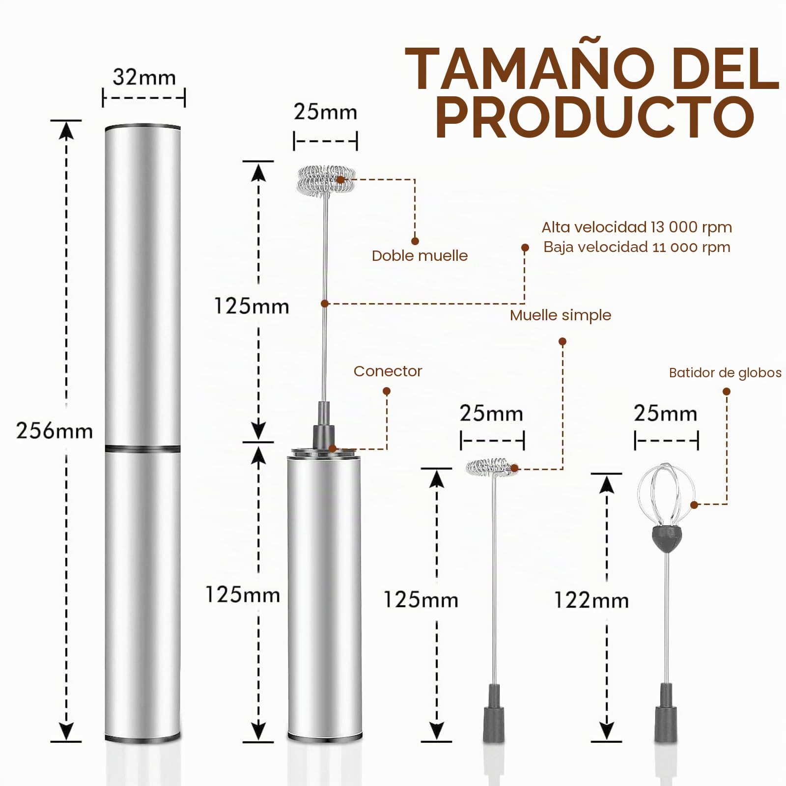 Espumador de Leche Eléctrico USB Recargable, Mini Batidora de Mano 3 en 1 con 3 Cabezales Intercambiables y 2 Velocidades, Acero Inoxidable para Café Latte, Cappuccino y Huevos