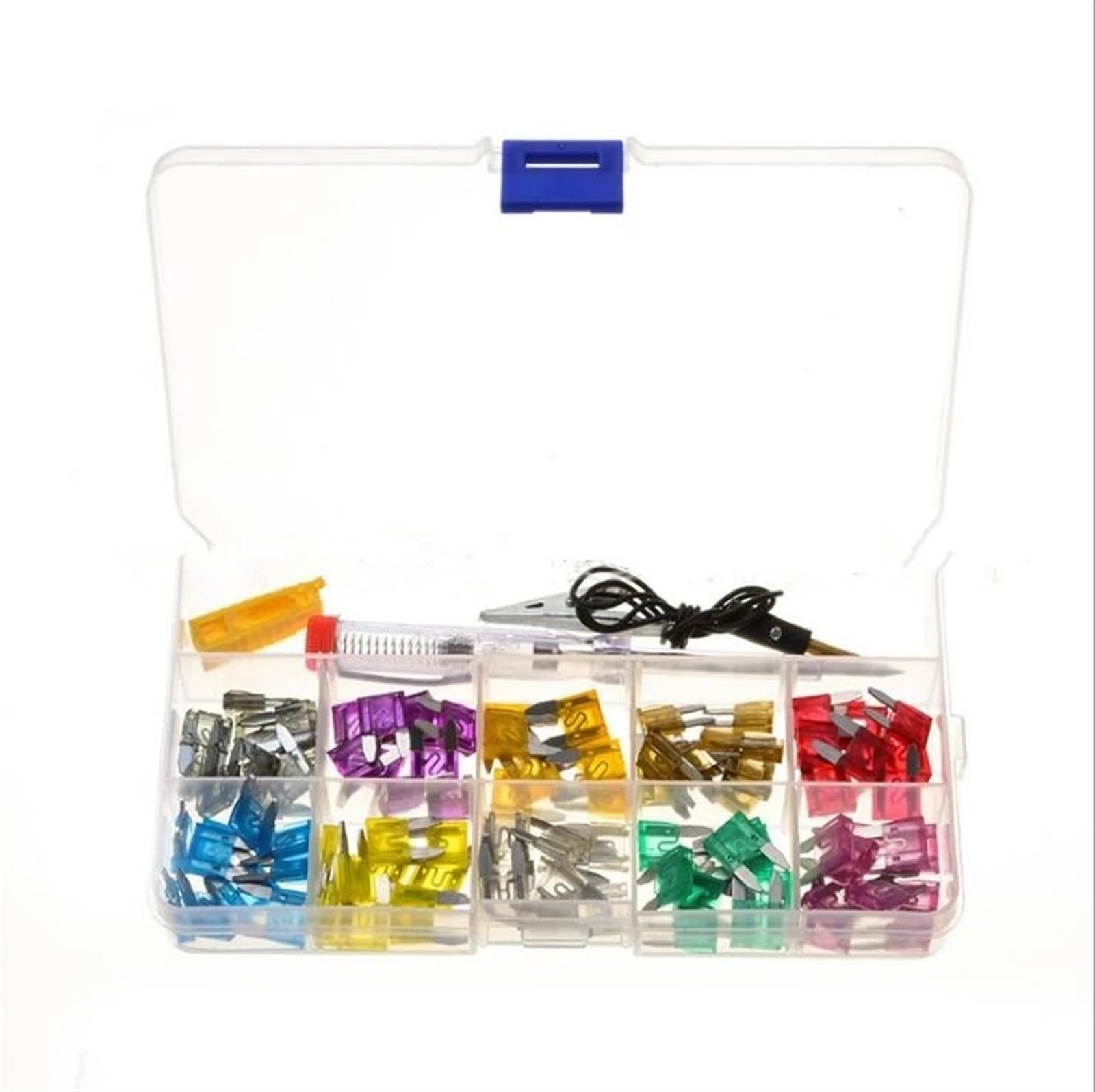50 pezzi for autoveicoli, auto, barche, camion, lama, scatola dei fusibili, assortimento, inserti for fusibili, strumenti di riparazione con clip for matita di prova