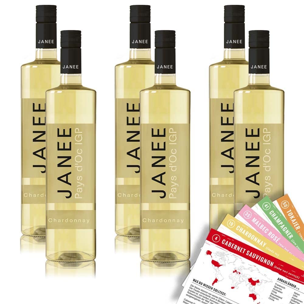 Janee Chardonnay IGP, halbtrocken, sortenreines Weinpaket + VINOX Winecards (6x0,75l)