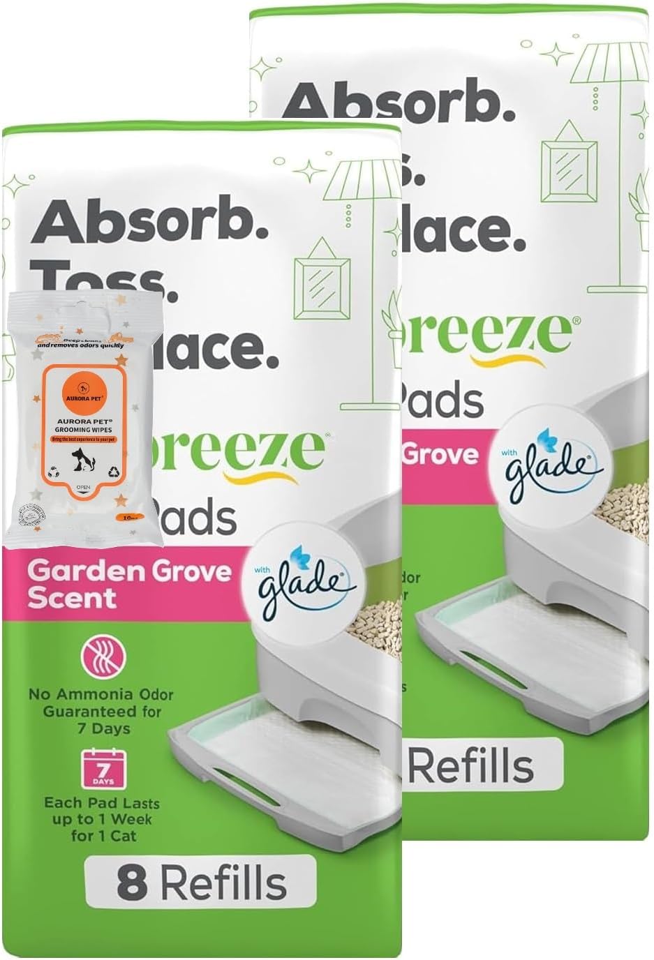 Aurora Pet Cats Breeze Garden Grove Scented Cat Pad Refill Pack (2) 8 Count Pouches with Aurora Pet Wipes