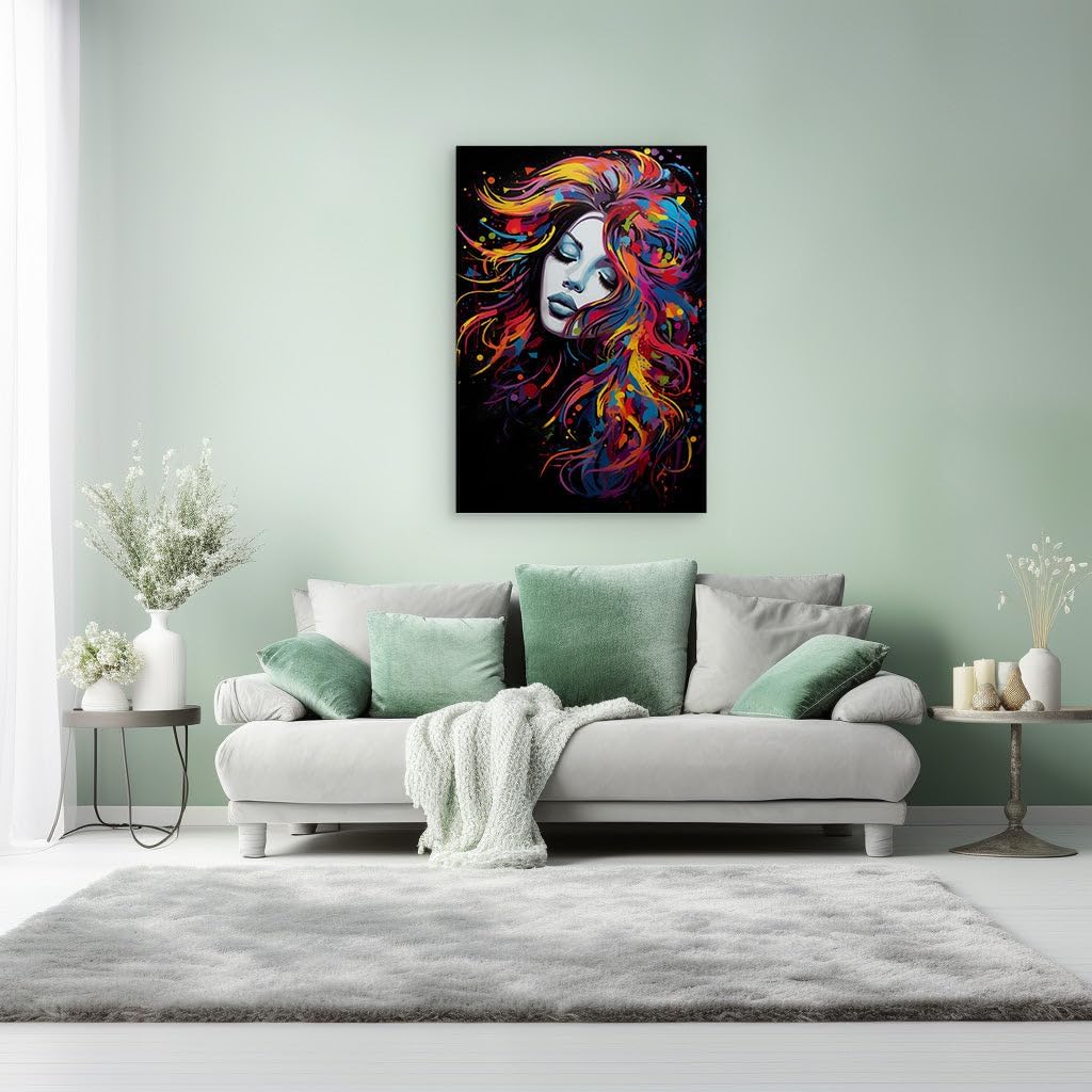 Canvas for Living room. Dreamy Hues Cascade in Surreal Serenity: The Enigmatic Woman with the Waterfall of Multicolored Hair, 27 x 18 inch Canvas Wall Art - Modern Home Decor