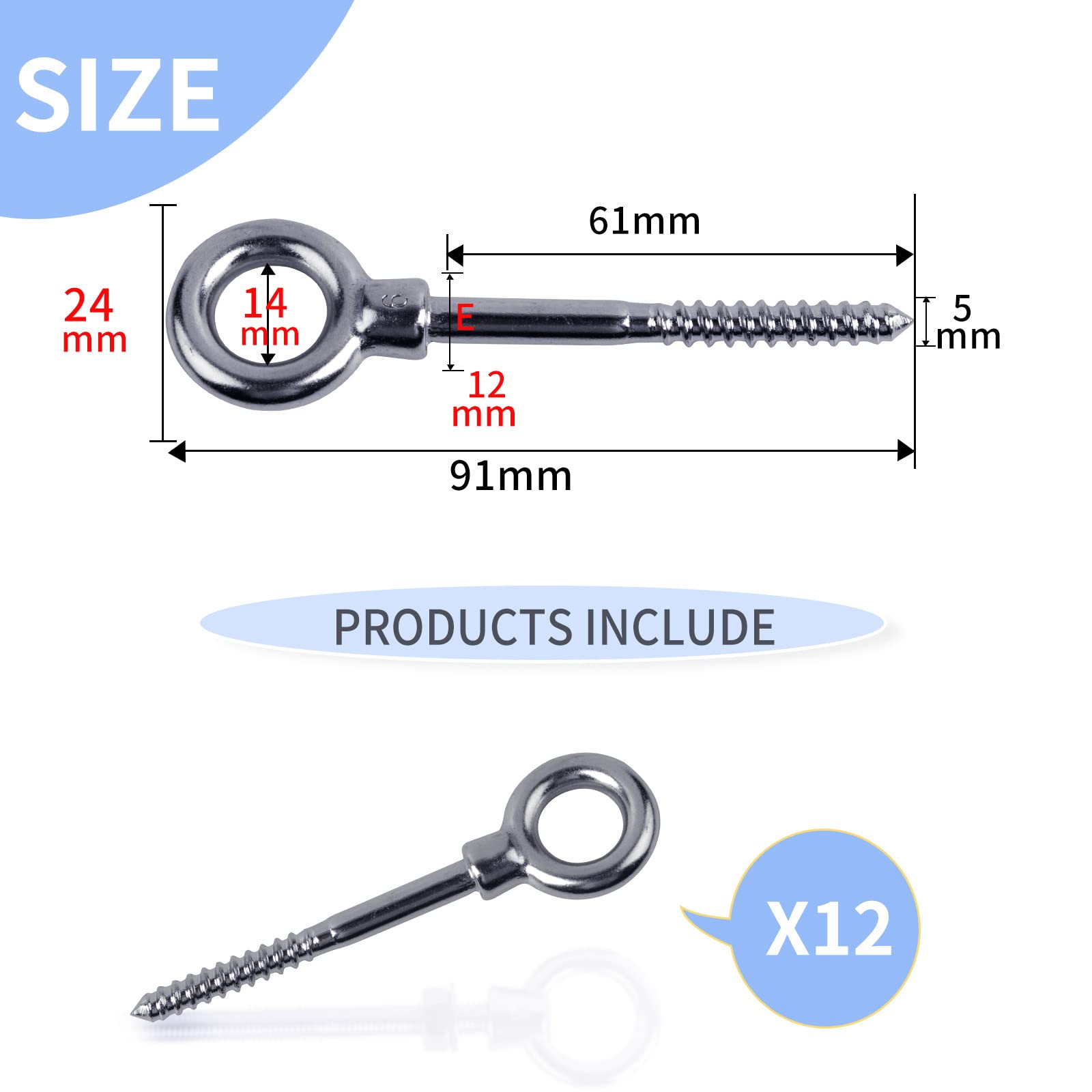 EFUTURETIME12 x Perno con M6 x 60mm, Tornillo de Ojo Rosca para Madera y Rosca Parcial M6 x 60mm, Ornillo de Anillo de Acero Inoxidable 304, Perno de Ojo