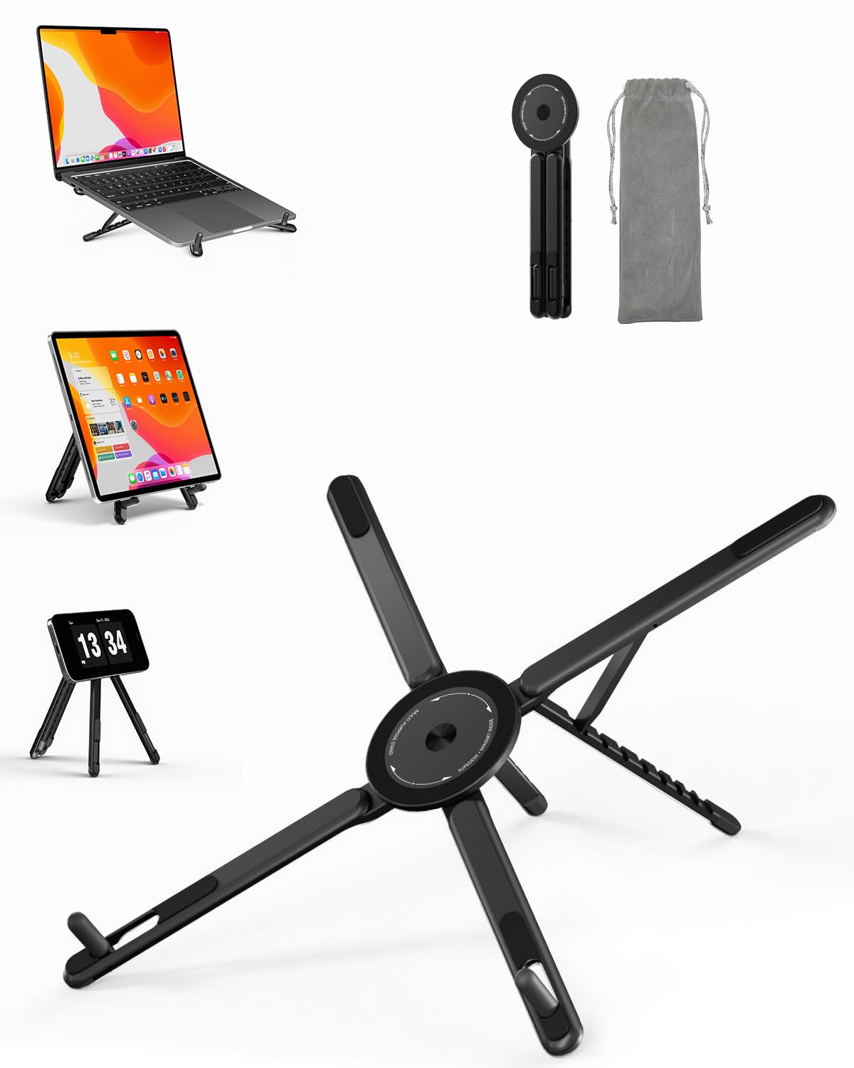 SupeDesk Supporto pieghevole per laptop 3 in 1 regolabile in altezza e angolazione, in lega di alluminio, supporto per laptop ventilato, supporto ergonomico per laptop da 4 a 16", magnetico