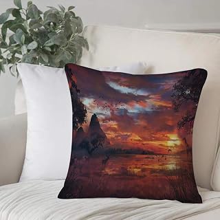 Funda de Cojín duradero Fundas de Almohada Decorativa,Decoración del paisaje, antigua vista de la primera edad con gacelas de animales salvajes de ,Funda de Cojín con Cremallera Invisible 45 x 45 cm