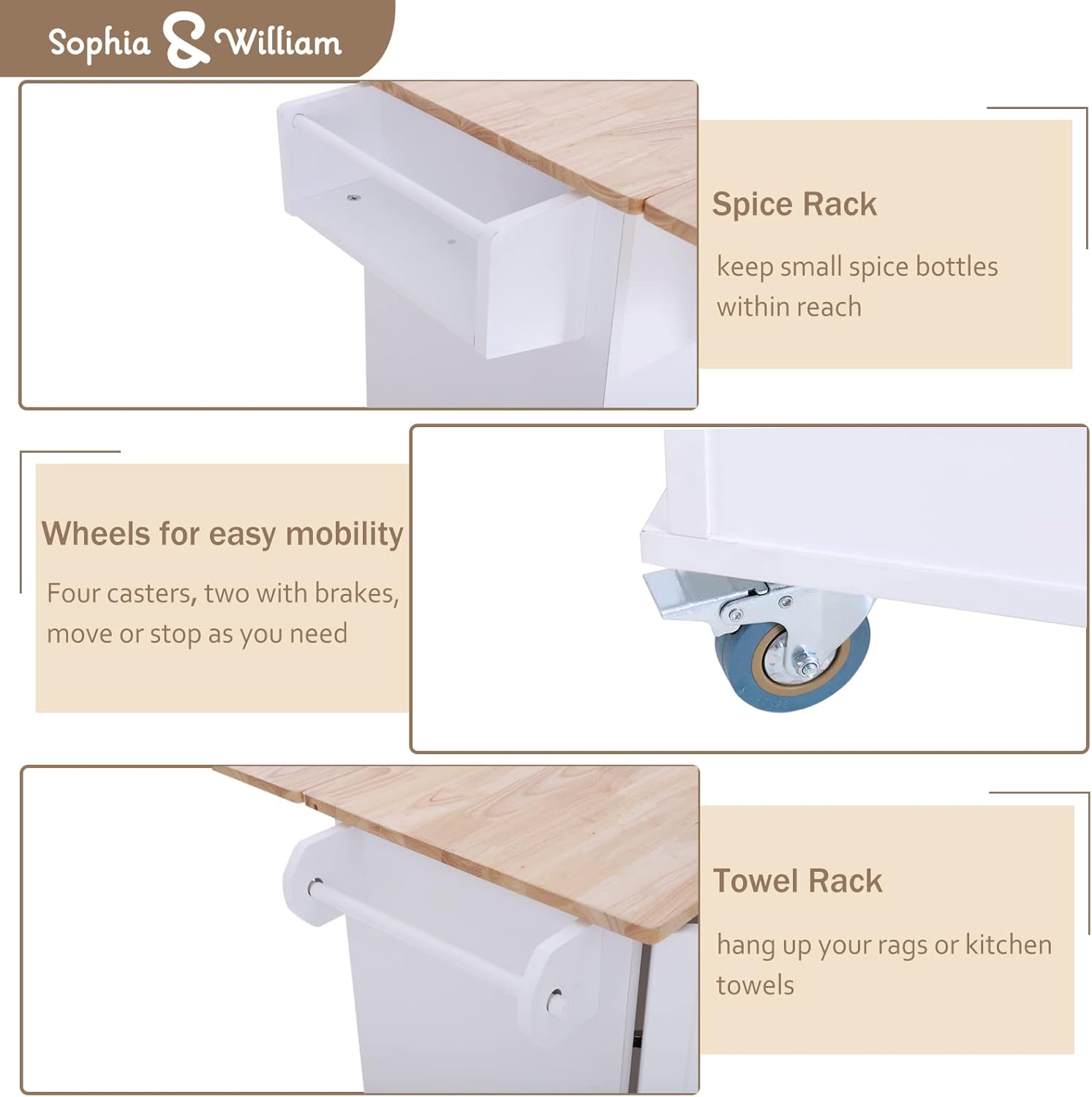 Sophia & William Kitchen Island Cart on Wheels with Drop-Leaf and Rubber Wood Top, Rolling Kitchen Trolley with 2-Door Storage Cabinet, 3 Drawers, Towel and Spice Rack, White