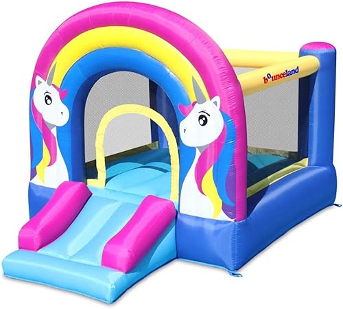 Bounceland Casa inflable de unicornio arcoíris con tobogán, 9.8 pies de largo x 6.8 pies de ancho x 6.5 pies de alto, soplador certificado UL