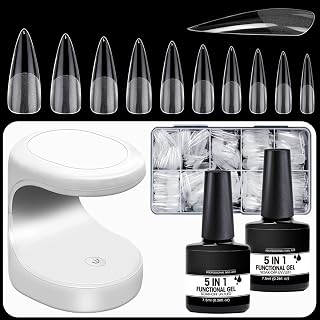 KINGMAS Nail Tips and Glue Gel Kit, Gel x Nail Kit 504Pcs Clear Fake Stiletto Nails Tips with 2Pcs 5-in-1 Nail Glue Gel and Mini Nail Lamp Acrylic Nail Kit Nail Extension Kit, Nail Art DIY at Home
