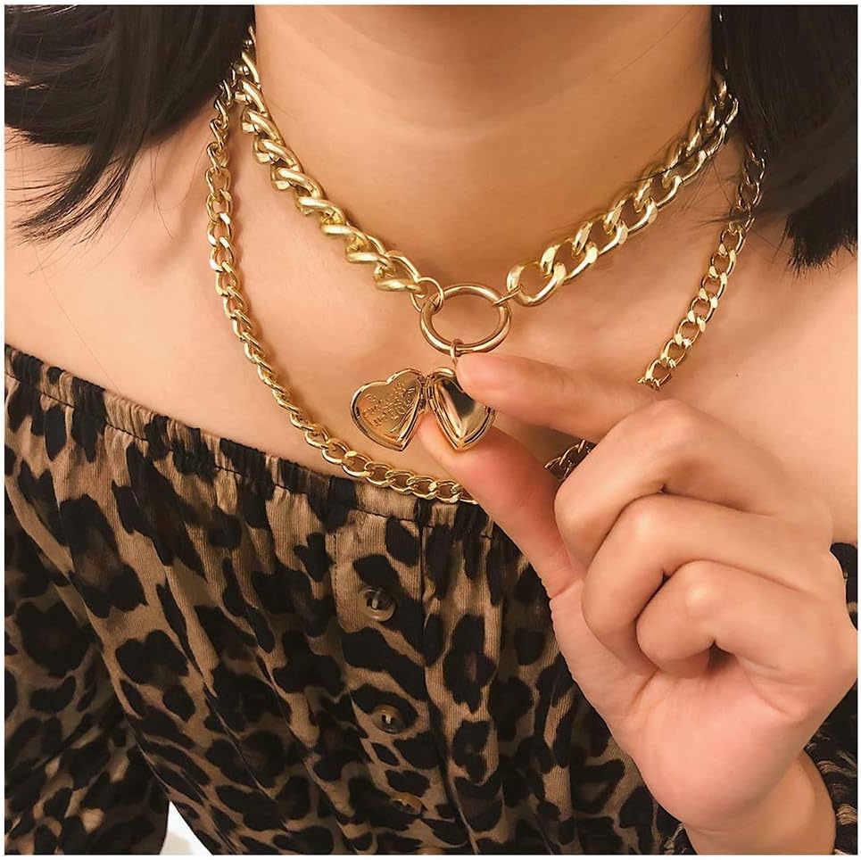 Fstrend Gold Heart Pendant Layered Choker Necklaces Fashion Statement Teens Punk Multilayer necklace for Women and Girls