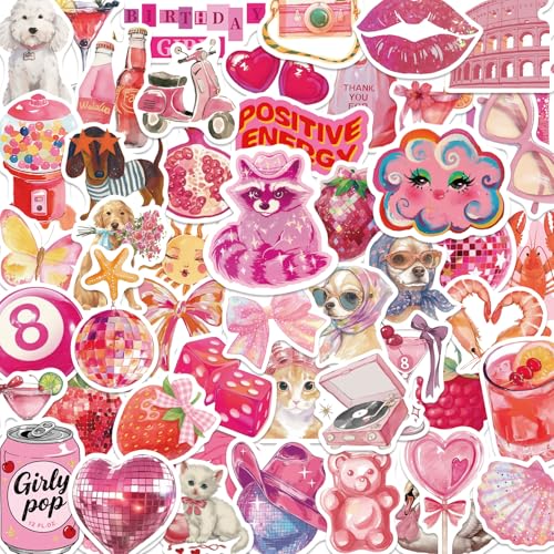 55PCS Pink Aesthetic Stickers Coquette Stickers Waterproof Vinyl Material for Water Bottles & Phone High-Saturation Adorable Girly-Style Designs