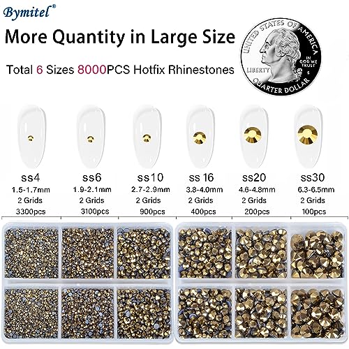 Image of Bymitel Hotfix Crystal Rhinestones Round Gems for Crafts,Mixed 6 Sizes with Wax Pencil Kit, Aurum 1.6-6.3mm SS4-SS30 /8000pcs