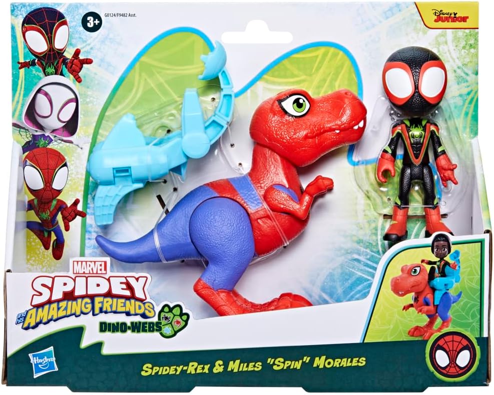 SPIDEY AND HIS AMAZING FRIENDS Marvel Dino-Webs Spidey-Rex & Miles “Spin” Morales 4-inch-scale (10cm) Spider-Man Action Figure Set, Toys for Kids