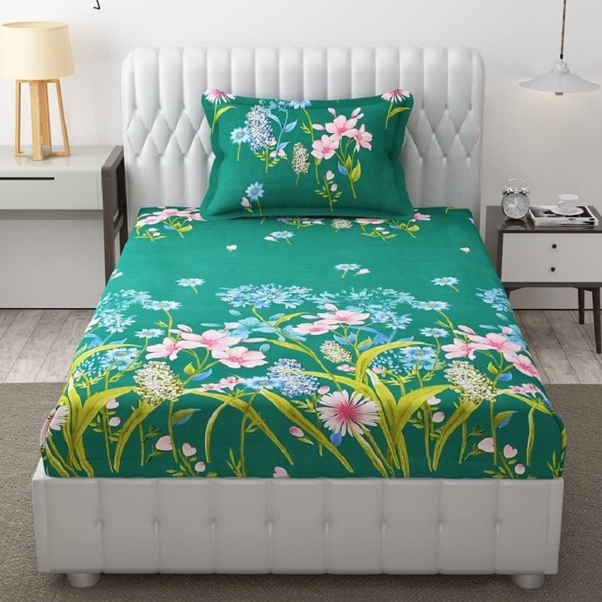 Image of KAWI Single Bedsheet Elastic Fitted 72X48X6 Inches Glace Cotton with 1 Pillow Cover (72 inchX 48 inchXup to 8 Inche Mattress) Green Colour