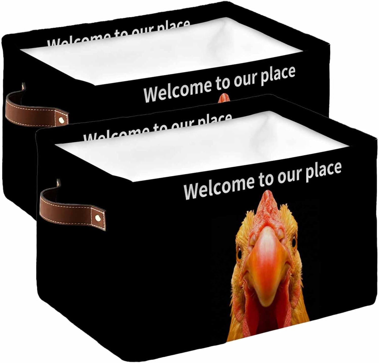 Funny Chicken Storage Basket for Shelves, Welcome To OUR Place Modern Retro Storage Cube Fabric Storage Bins, Closet Organizers with Handles for Book, Playing, Cloth, 15"x11"x9.5", 2 Pack
