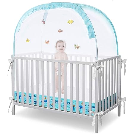 SAMWOO Baby Safety Crib Tent Upgrade Toddler Crib Net, Mosquito Canopy Netting Cover to Keep Baby from Climbing Out, Breathable Mesh Net,Pop up Cot Net, Cute Whale Pattern on The Bottom