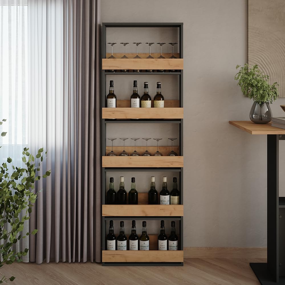 Vicco étagère pour Verres à vin Repose, Chêne doré/Anthracite, 60x180cm, pour Montage Mural avec Supports pour jusqu'à 8 Verres à vin