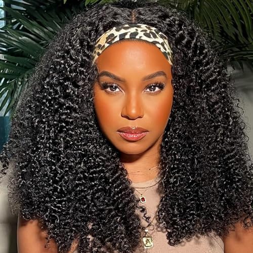 Image of XSY Headband Wig Human Hair Kinky Curly 16 Inch Glueless Headband Wig Deep Curly No Lace Front Wigs Human Hair for Black Women 150% Density Wig Natural Color