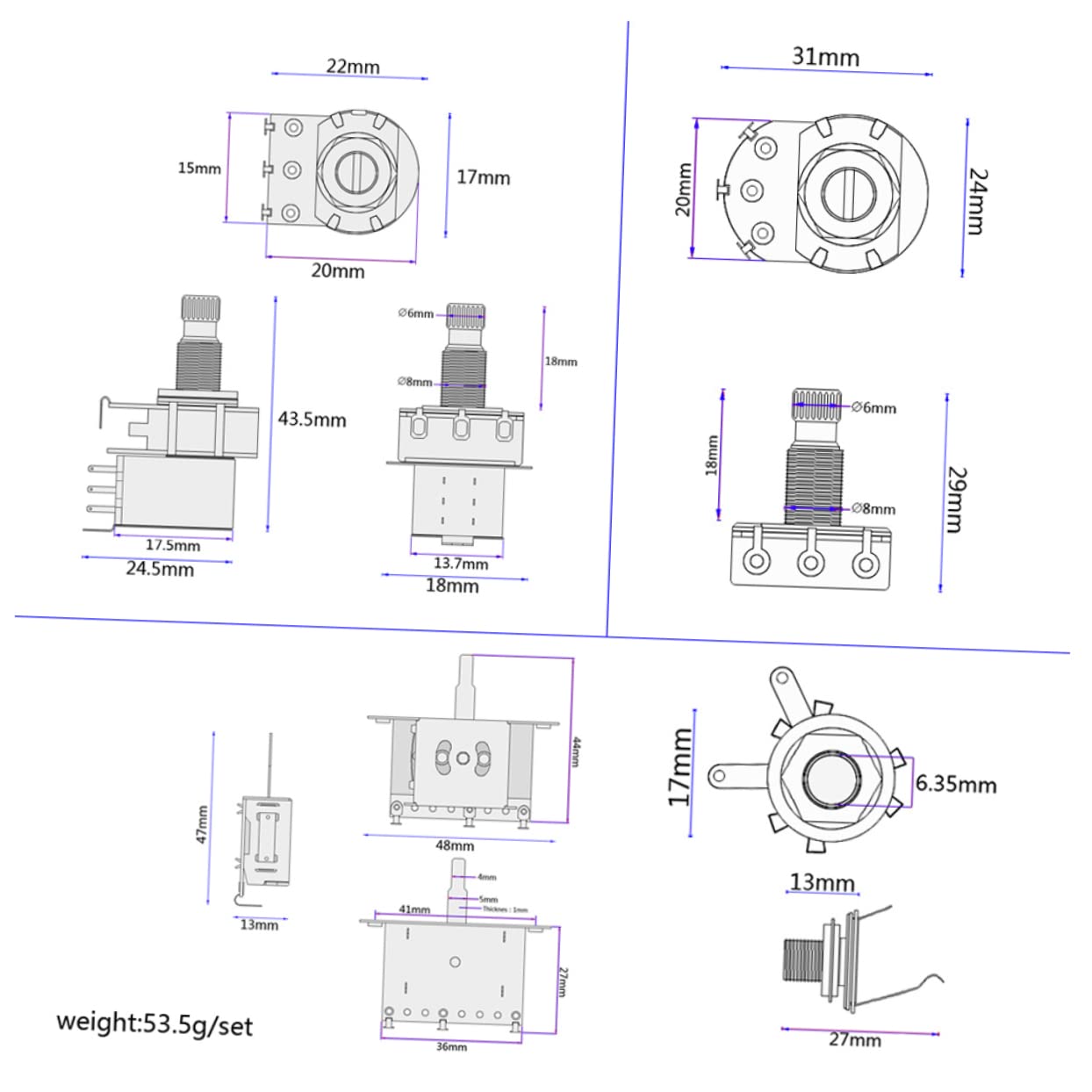HEMOTON 4sätze Einstellbarer Potentiometer- Für Elektrische Gitarren Praktische Und Langlebige Ersatzteile Mit Schaltern Und Zufälligen Kabelfarben Gitarren-zubehör Für Musiker
