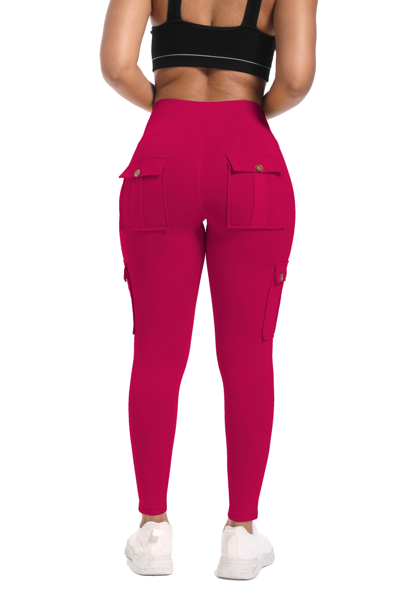JEGGE High Waist Yoga Leggings with 4 Button Pockets,Butt Lifting Tummy Control Workout Running 4 Way Stretch Cargo Pants (Raspberry, Large)