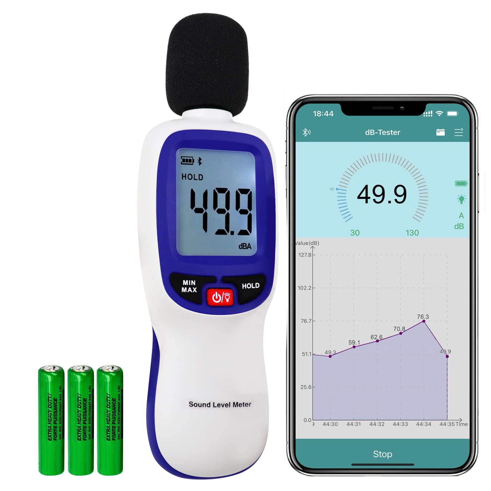 Wireless Sound Level Meter with Bluetooth: Portable Decibel Meter, App Data Logging, and High Accuracy SPL Meter 0~130dB for Professional Noise