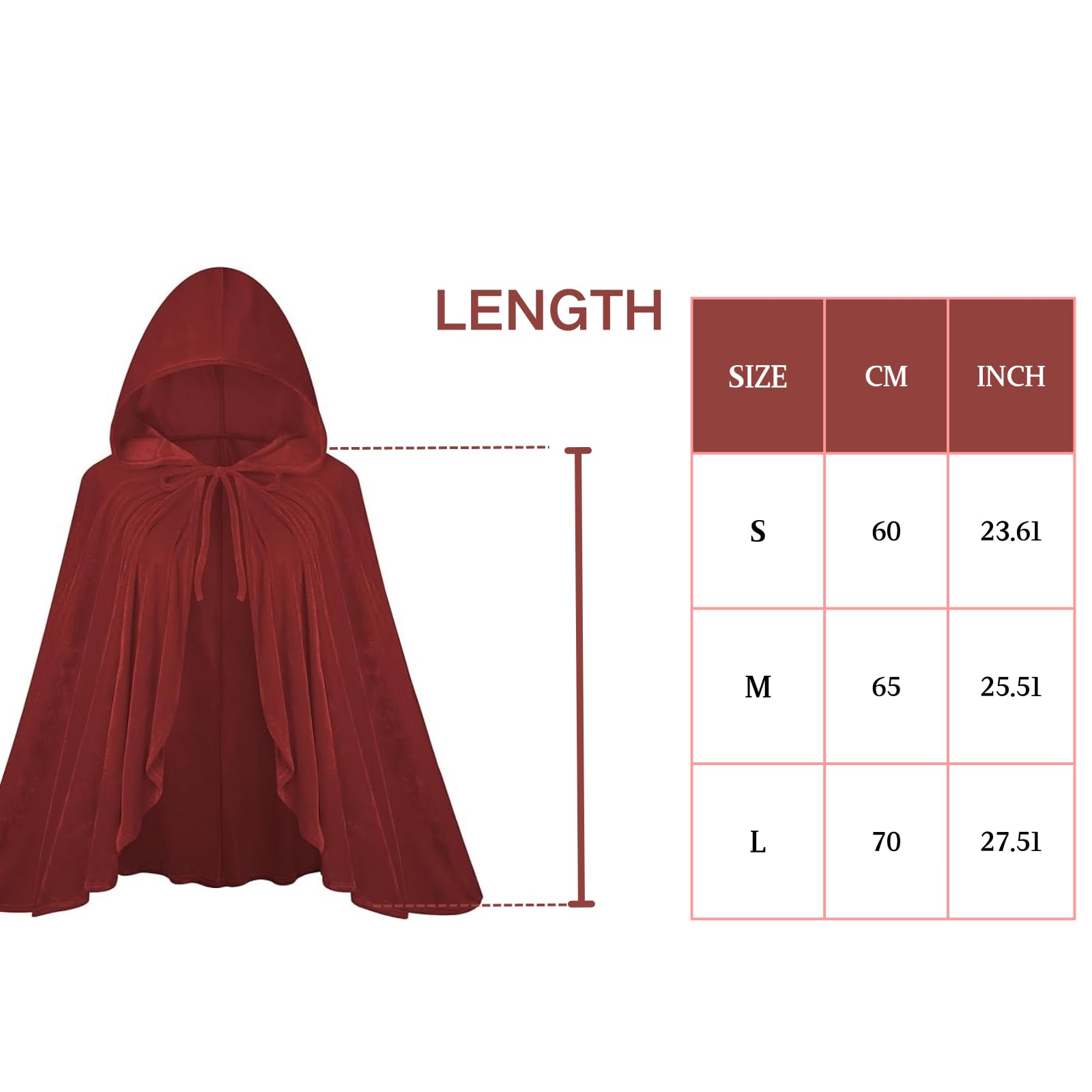 RRCBMD Little Red Riding Hood Cape Velvet Cloak for Halloween Christmas Cosplay Party Pure-wine red-S-23.62 inch - Image 3