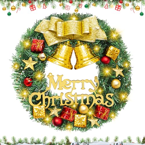 ROELLY Corona Puerta Navidad, Campana, Cinta Dorada, Decoración Navideña Puerta, Aldaba, Corona de Navidad para Puerta, Corona Navideña, Adornos Navideños, Decoración para Adviento y Navidad