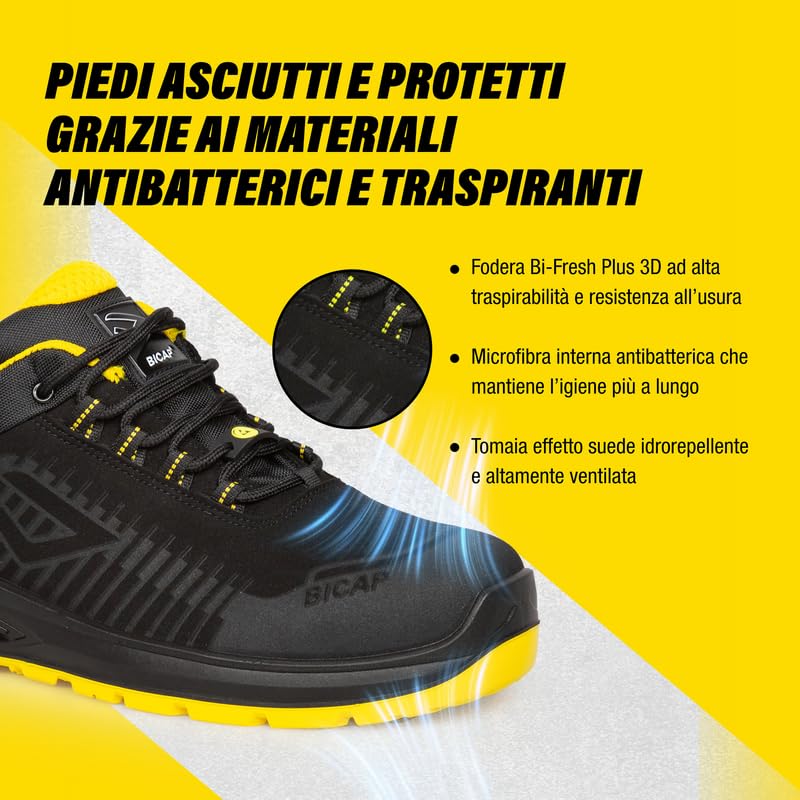 Bicap Aikido S3S - Zapatos de seguridad para hombre y mujer, puntera de aluminio, lámina de cero perforación, suela de poliuretano Bidensity, soporte BI-equilibrado, transpirable, ligero, sector