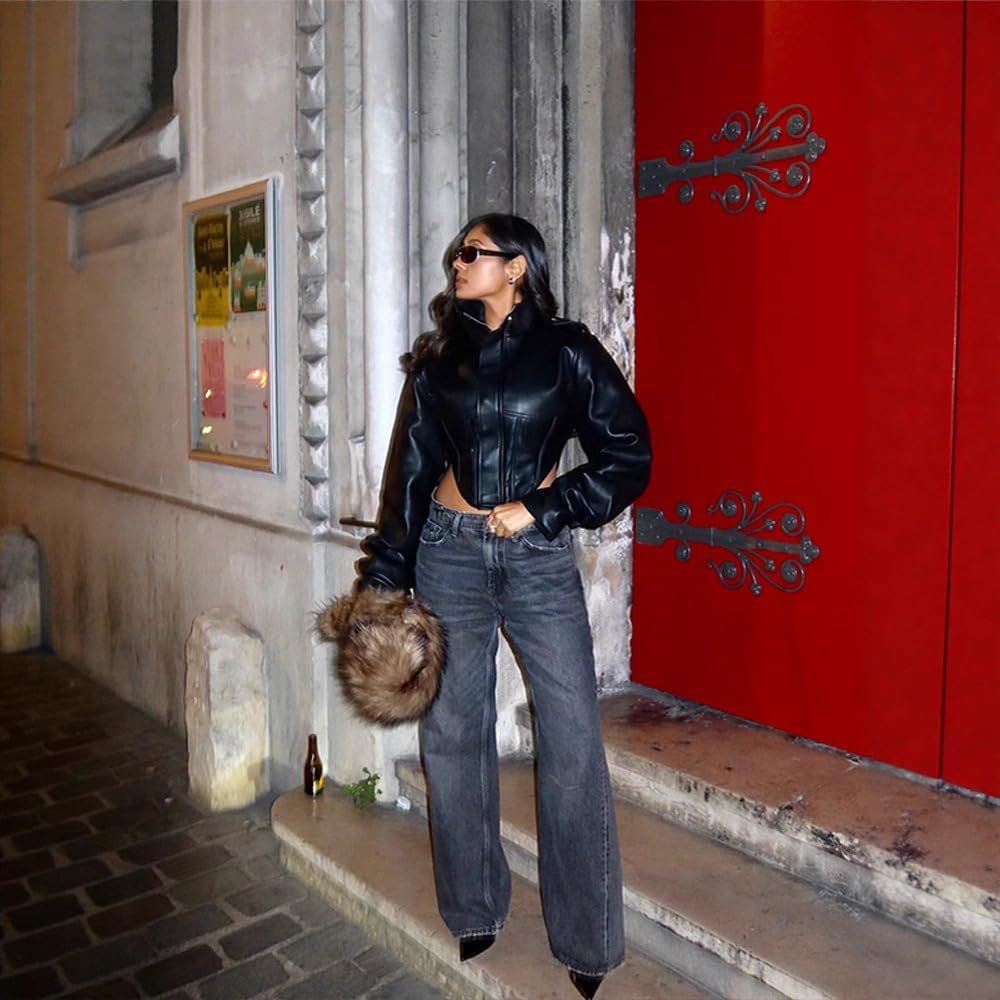 Women Faux Leather Jacket Retro Zip Up Motorcycle Long Sleeve Crop Bomber Jacket Y2K Irregular Leather Coat Streetwear - Image 5