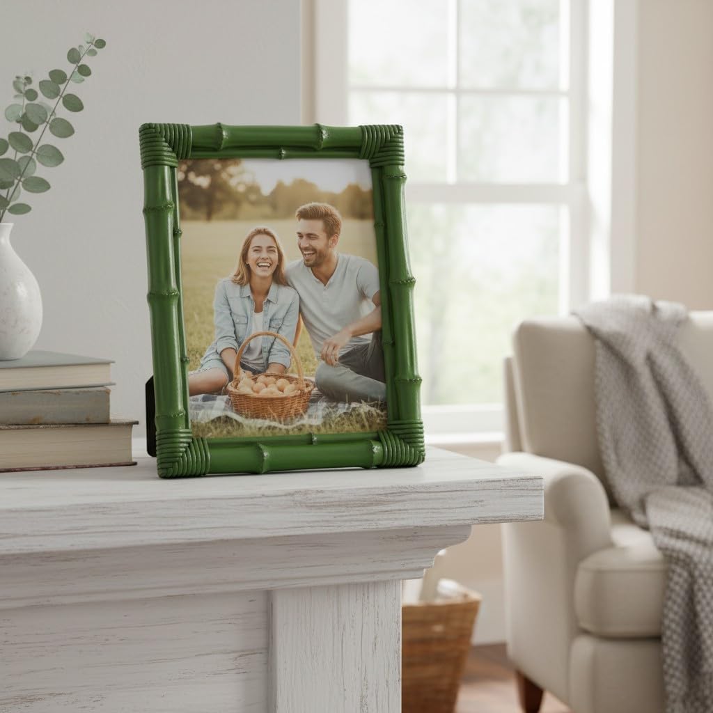 5x7 Picture Frame Bamboo, Photo Frame Resin with Antique Finish for Wall or Tabletop Display Resin Frame for Wedding Anniversary Birthday Holiday Gift Home Office Bookshelf Display, Green