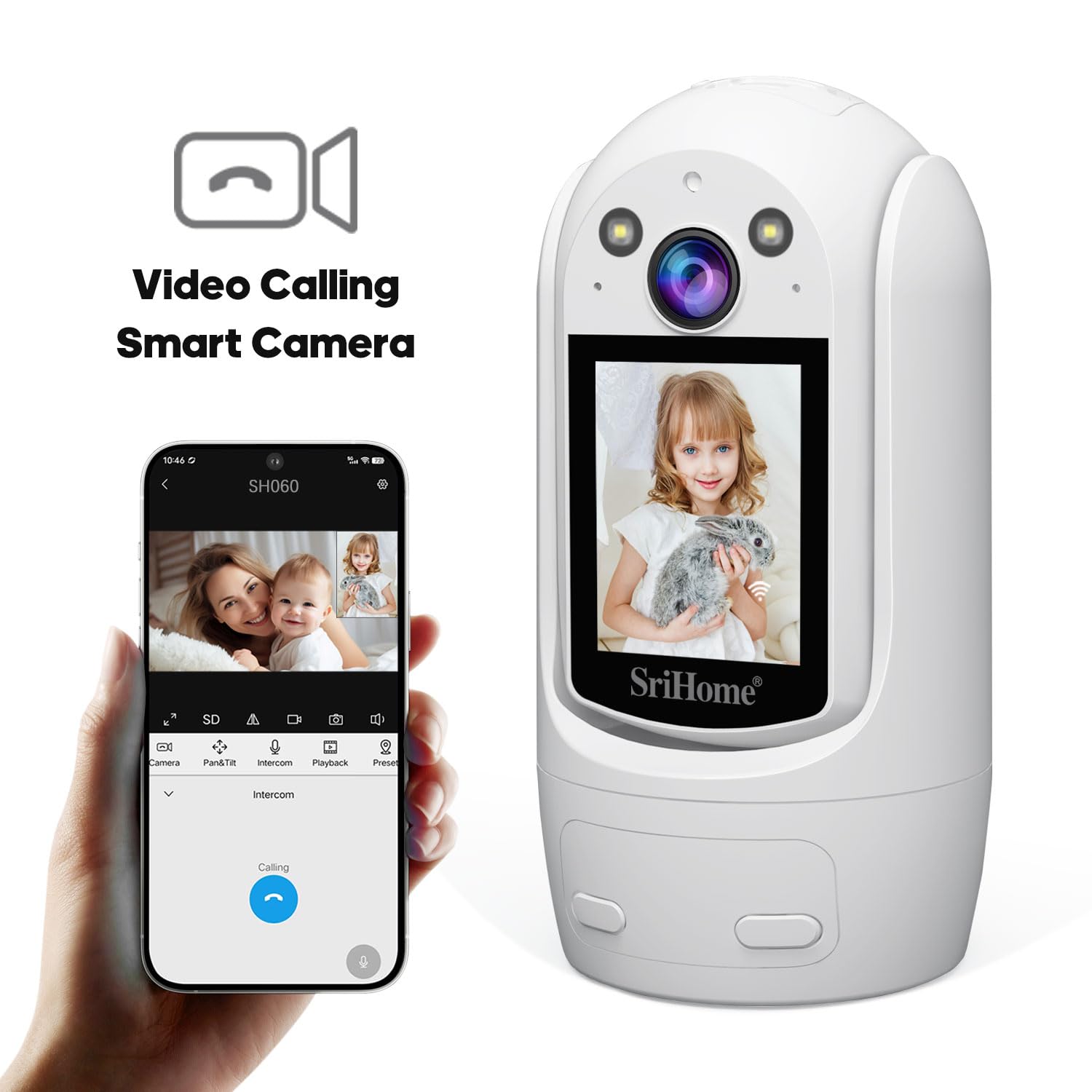 OBA SRIHOME SH060 PTZ Camera, 2MP FHD, schermo 2,4 pollici, videochiamate bidirezionali Rilevamento umanoide,Night Vision