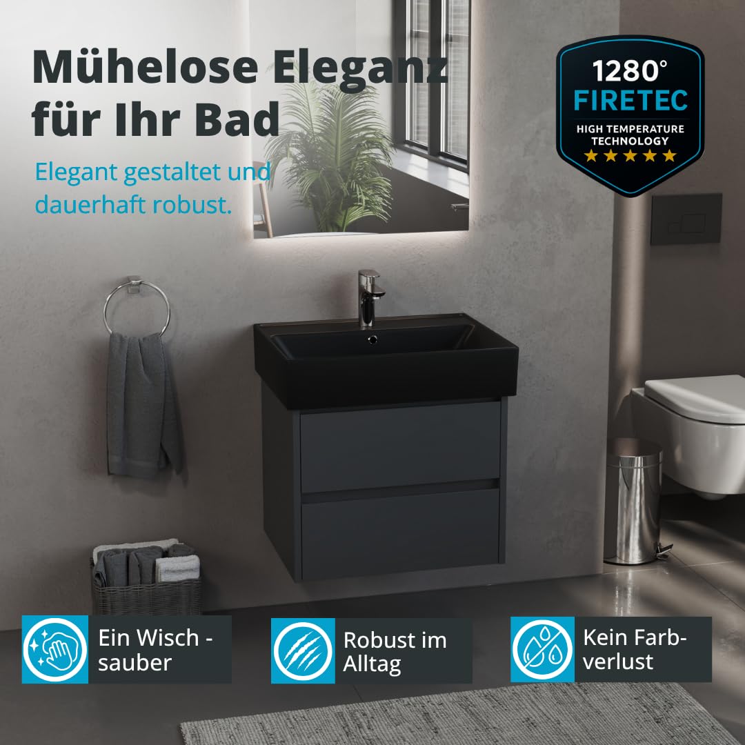 Aqua Bagno Waschbecken Schwarz Matt 60 cm, Keramik Aufsatzwaschbecken fürs Bad, rechteckiger Waschtisch mit Hahnloch, Waschplatz, modernes Waschbecken zur Wandmontage, für Badezimmer und Gäste WC