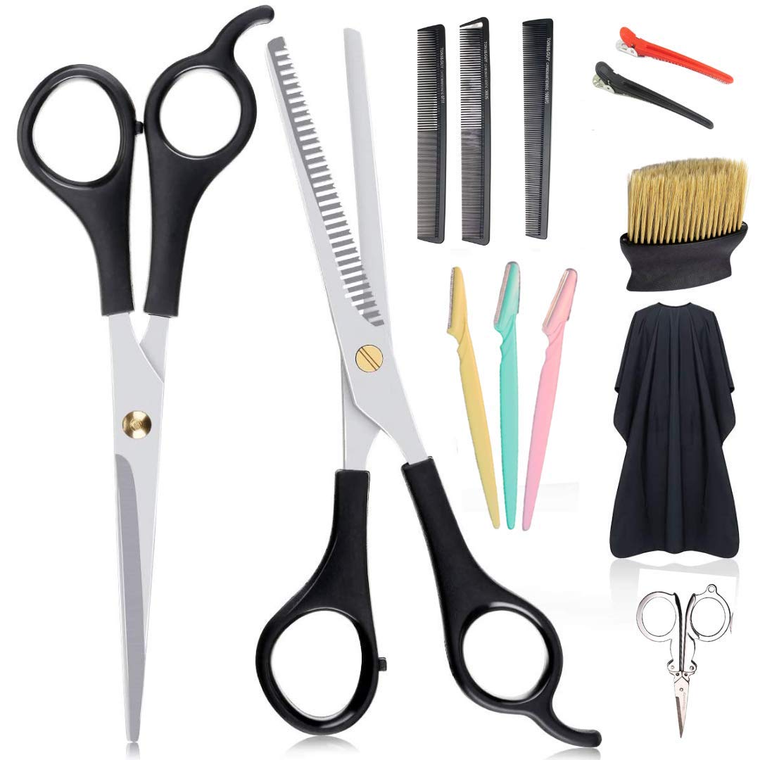Hair Cutting Scissors Barber Hairdressing Thinning Scissors with cutting apron/cape Duster brush hair clip Small folding nose scissor Grooming comb Eyebow razor Combo (13)