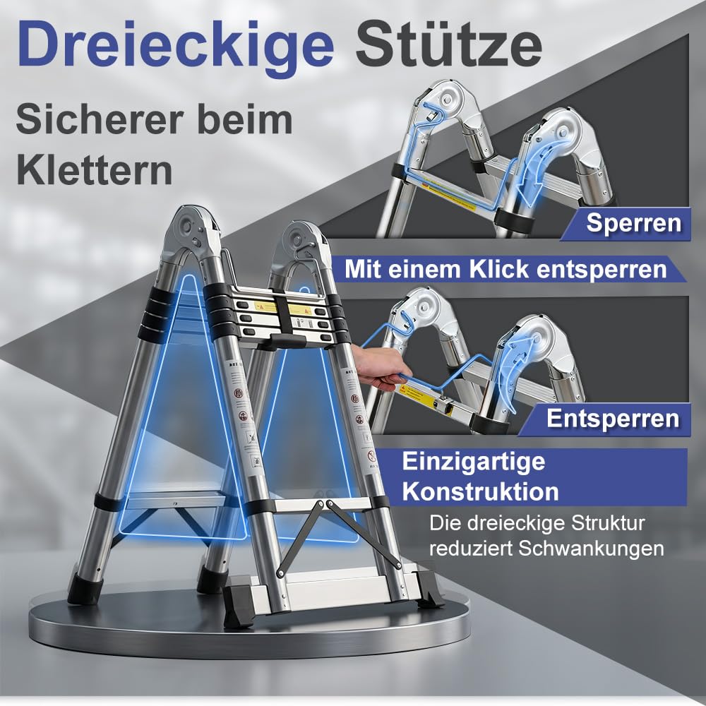 Edelstahl Teleskopleiter Einzelleiter Hochfest Verstärkt, Tragbare Ausziehbare Leiter mit Rutschfesten Füßen, Tragkraft 150 kg Für Dachboden, Wohnmobil, Heimwerkerarbeiten (2.5+2.5M)