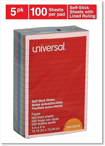 Miniatura 2 de Universal 35616 Bloc de notas autoadhesivo, 4 x 6, forrado, colores pastel surtidos, 100 hojas (paquete de 5)