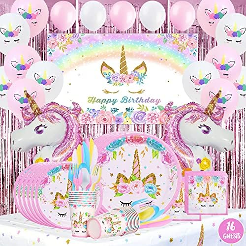 Simnuply Unicorn Birthday Decorations for Girls, Valentines Day Gifts for Kids Serve 16 Guests, Pink Party Decorations Included Unicorn Balloons, Tablecloth, Photo Backdrop, Plates and Napkins