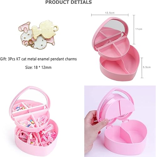 Miniatura 2 de Joyero rosa para niñas lindo organizador de joyas de anime Kitty portátil joyero de viaje de dibujos animados Kawaii para mujeres dijes de joyería