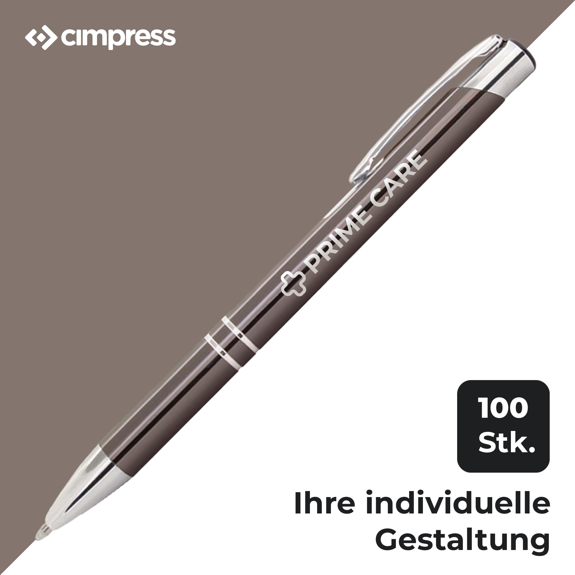 Cimpress Kugelschreiber mit Gravur, Aluminiumgehäuse, blaue Tinte, Personalisierter Stift mit Textgravur, ideal als Werbeartikel oder Firmengeschenk, 100 Stück, Dunkelgrau