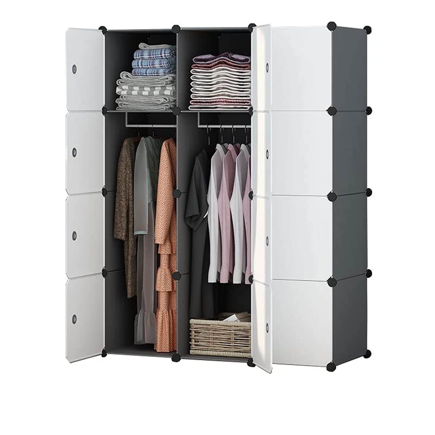 COOLBABY Portable Wardrobe for Hanging Clothes, Combination Armoire, Modular Cabinet Space Saving, Put Bags, Toys, Clothes，12 Doors 2 Hanging,111×47×147cm, White, ZRW-YG03