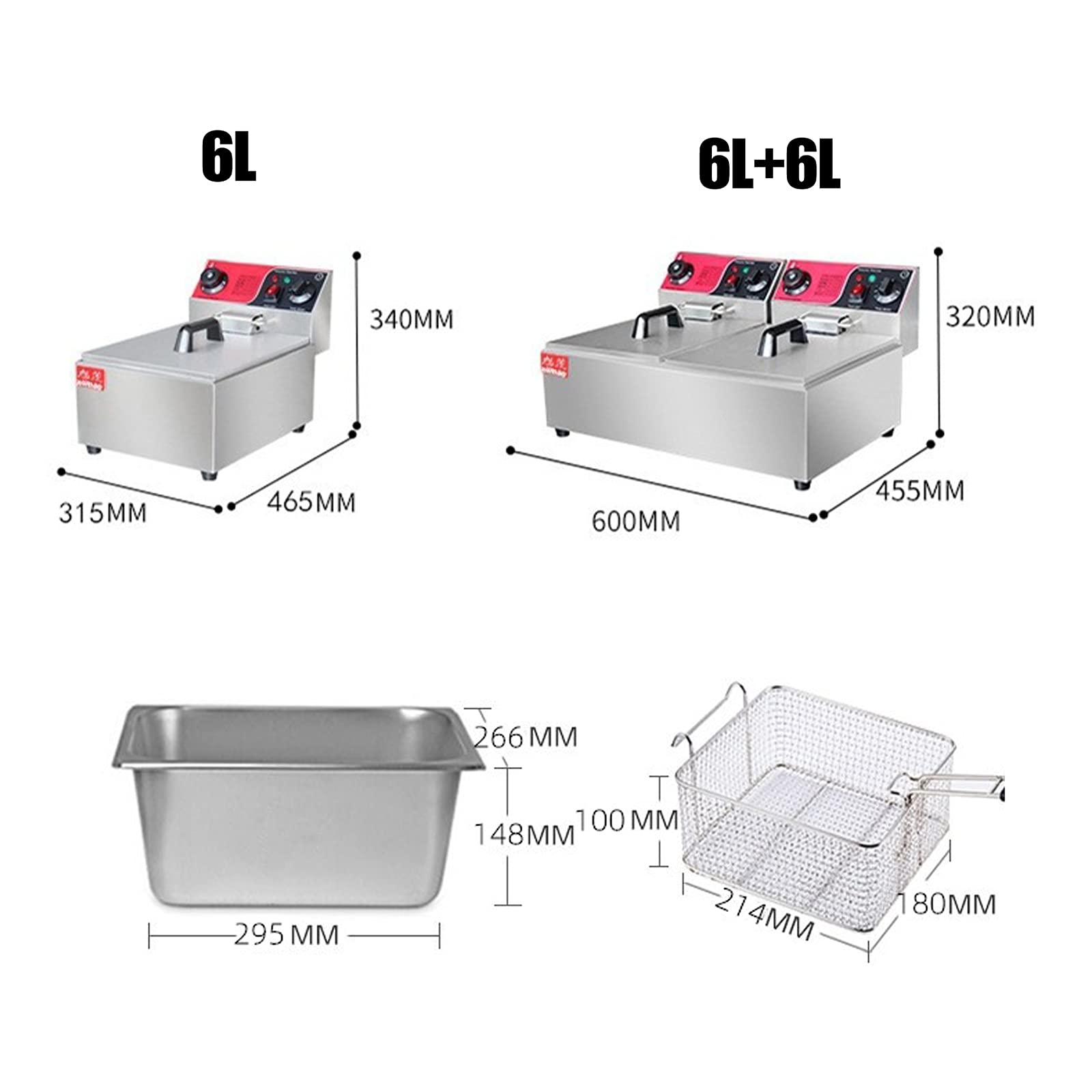 Freidora eléctrica de 6 l/6 l + 6 l, freidora comercial con cesta, con control de temperatura y temperatura, para uso comercial y doméstico (6 l)