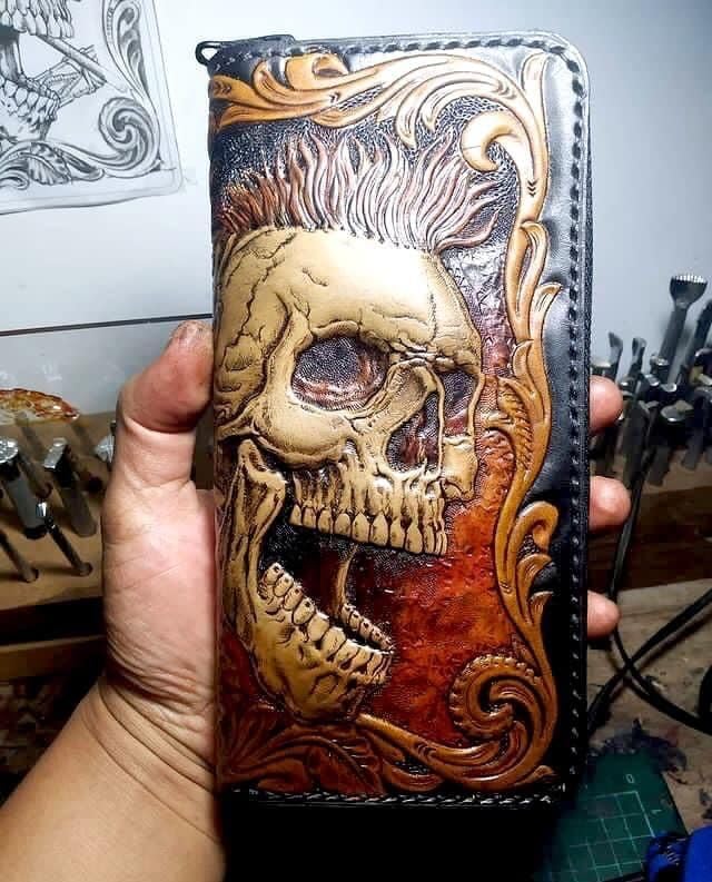 Punk Skull, Indian Skull, Men's 3D Genuine Leather Wallet, Long wallet, Biker Wallet, Handmade wallet, Carved wallet, Airbrush Art, Custom wallet, Personalized wallet3