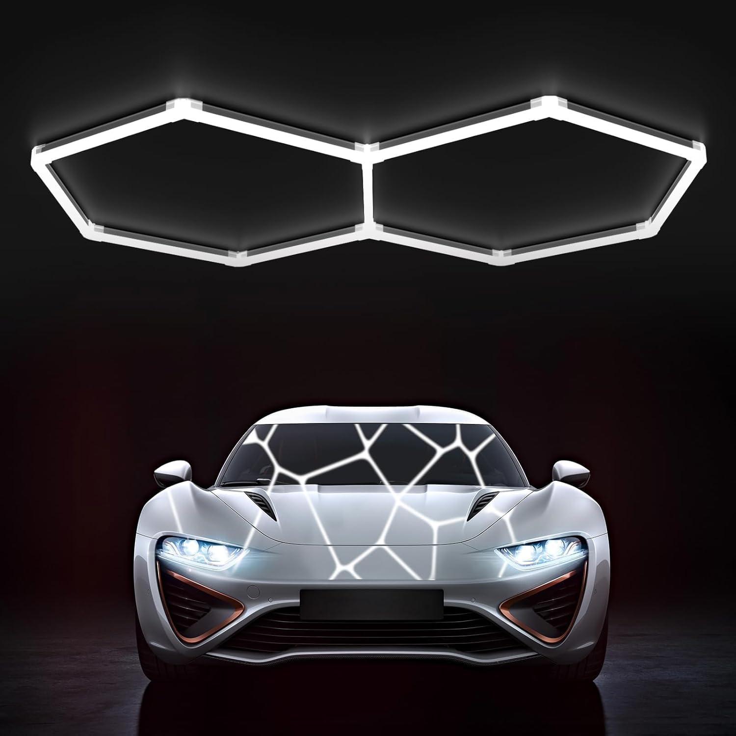 Lámpara de techo LED hexagonal para garaje-11pcs luces de tubo,88W 1.7x1.0m luces LED de techo conectables para taller,garaje,almacén,gimnasio,sala de lavado para el cuidado del automóvil (2-Hex)