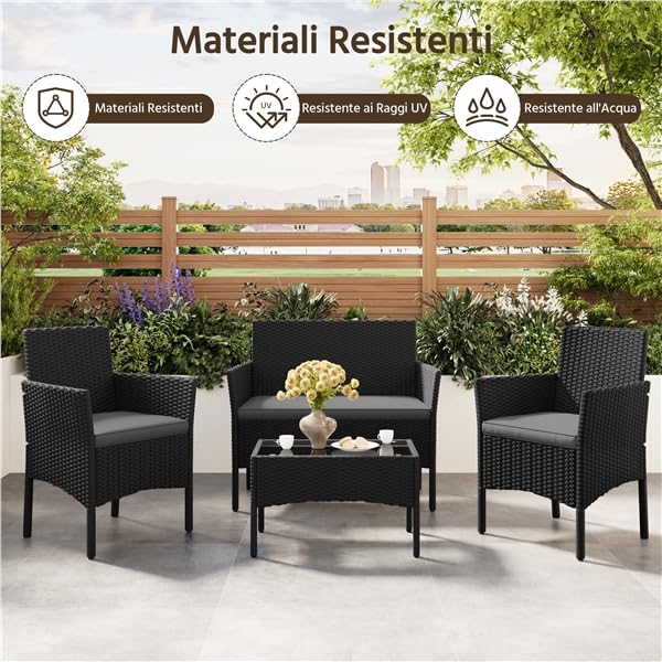 Yaheetech Set da Giardino in Rattan, 4 Posti, con divano a 2 posti, 2 sedie, tavolo e cuscini per seduta resistente alle intemperie, Salotto da Siardino Esterno, per Terrazza Balcone Patio