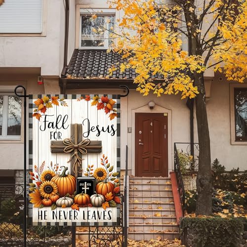 Image of Fall Garden Flag Double Sided 12x18 Flag Jesus Cross Fall Religious Pumpkin Garden Flag Patio Lawn Sunflower Exterior Decor Jesus Autumn Yard Lawn Flag