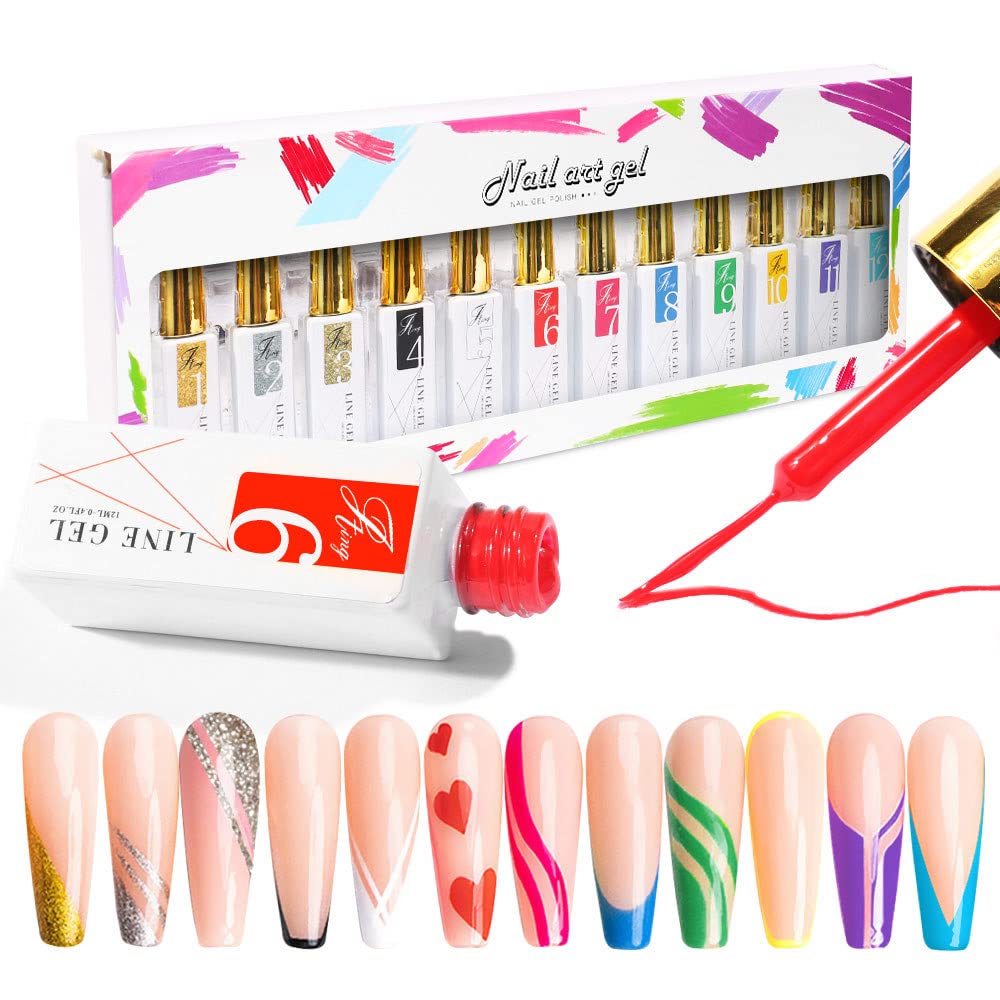 Painted Gel Nail Polish Nail Art Gel Liner Set Painting Nail Line Glue Drawing Nail Line 12 Colors Line Pulling Gel DIY Nail Art Set Nail Art Design（White）